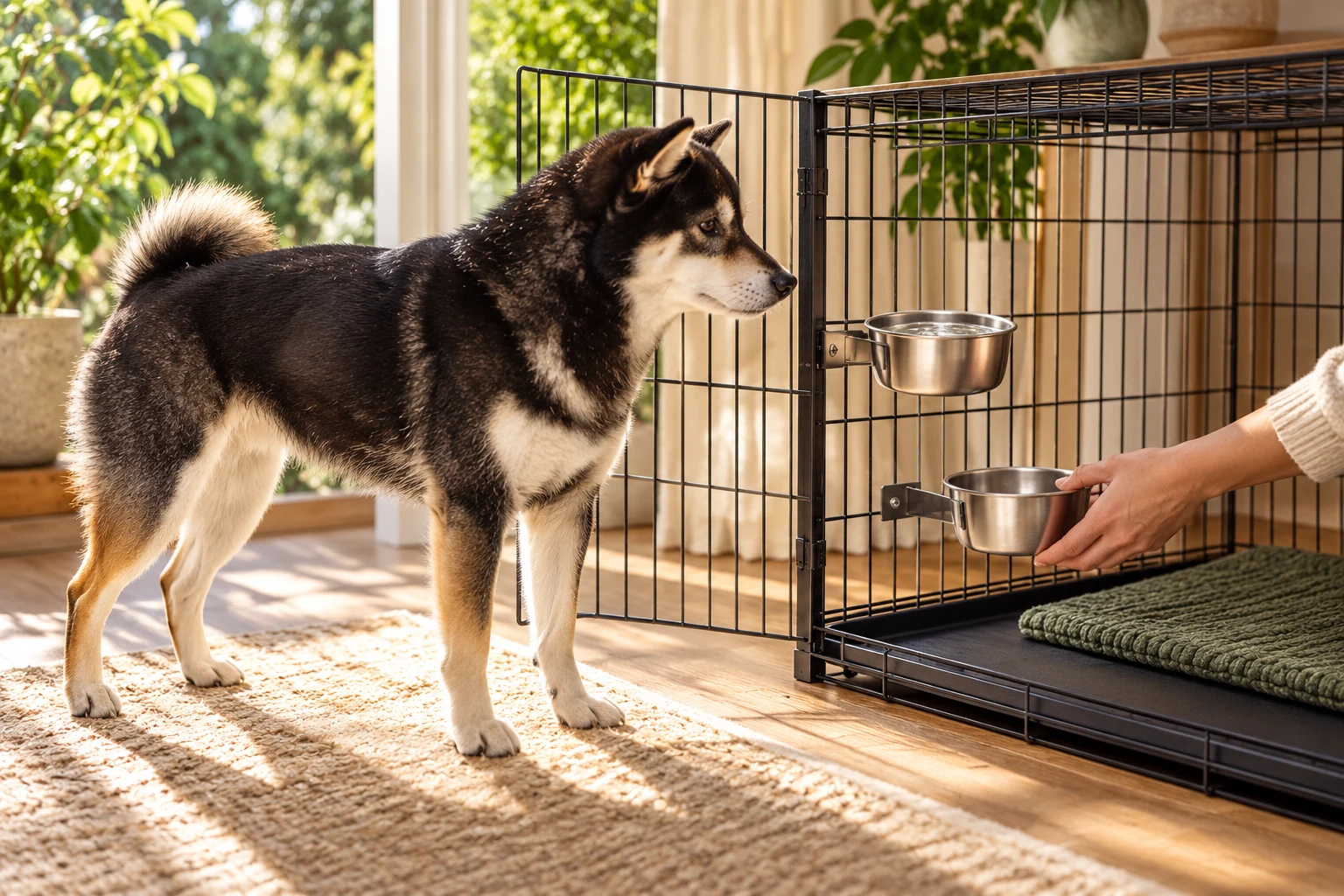 Illustrative Mr. Smoky scene beside an open crate with removable mounted stainless steel bowls