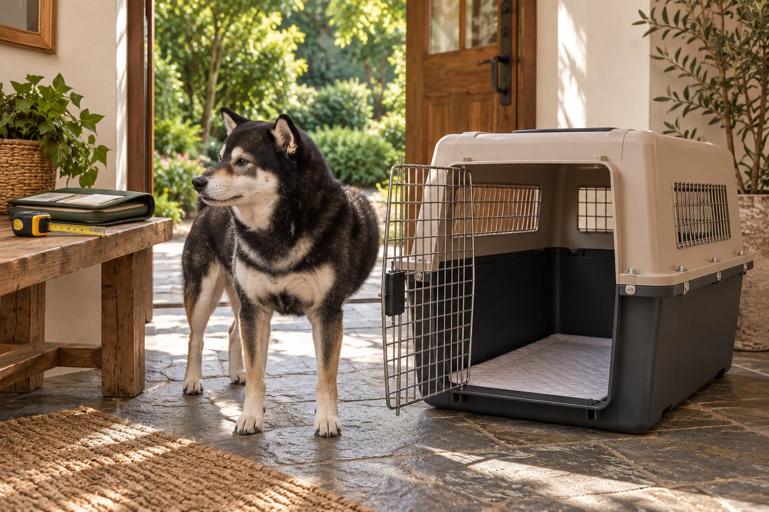 Illustrative scene of Mr. Smoky beside an open rigid travel kennel during preparation at home
