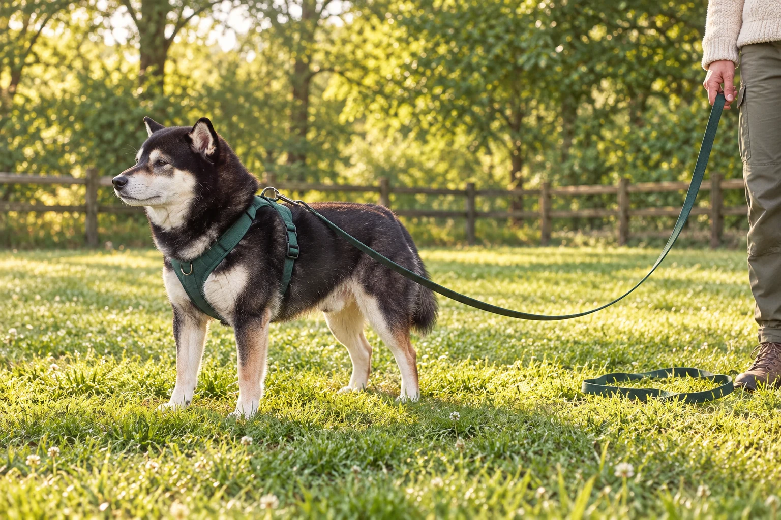 Illustrative Mr. Smoky wearing a harness with a loose long line in a spacious fenced field