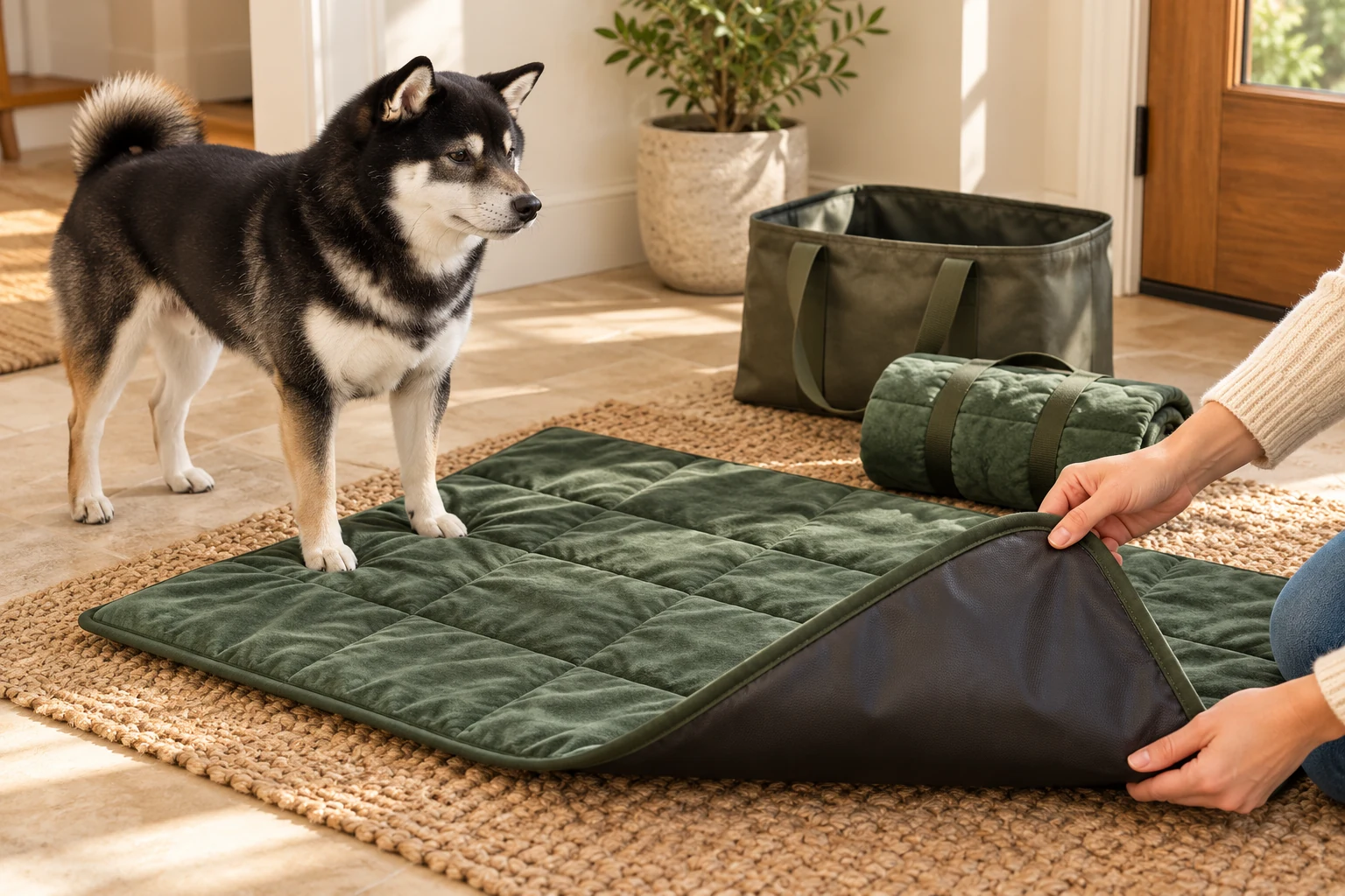 Illustrative inspection of a travel mat's darker underside beside Mr. Smoky and a packing tote