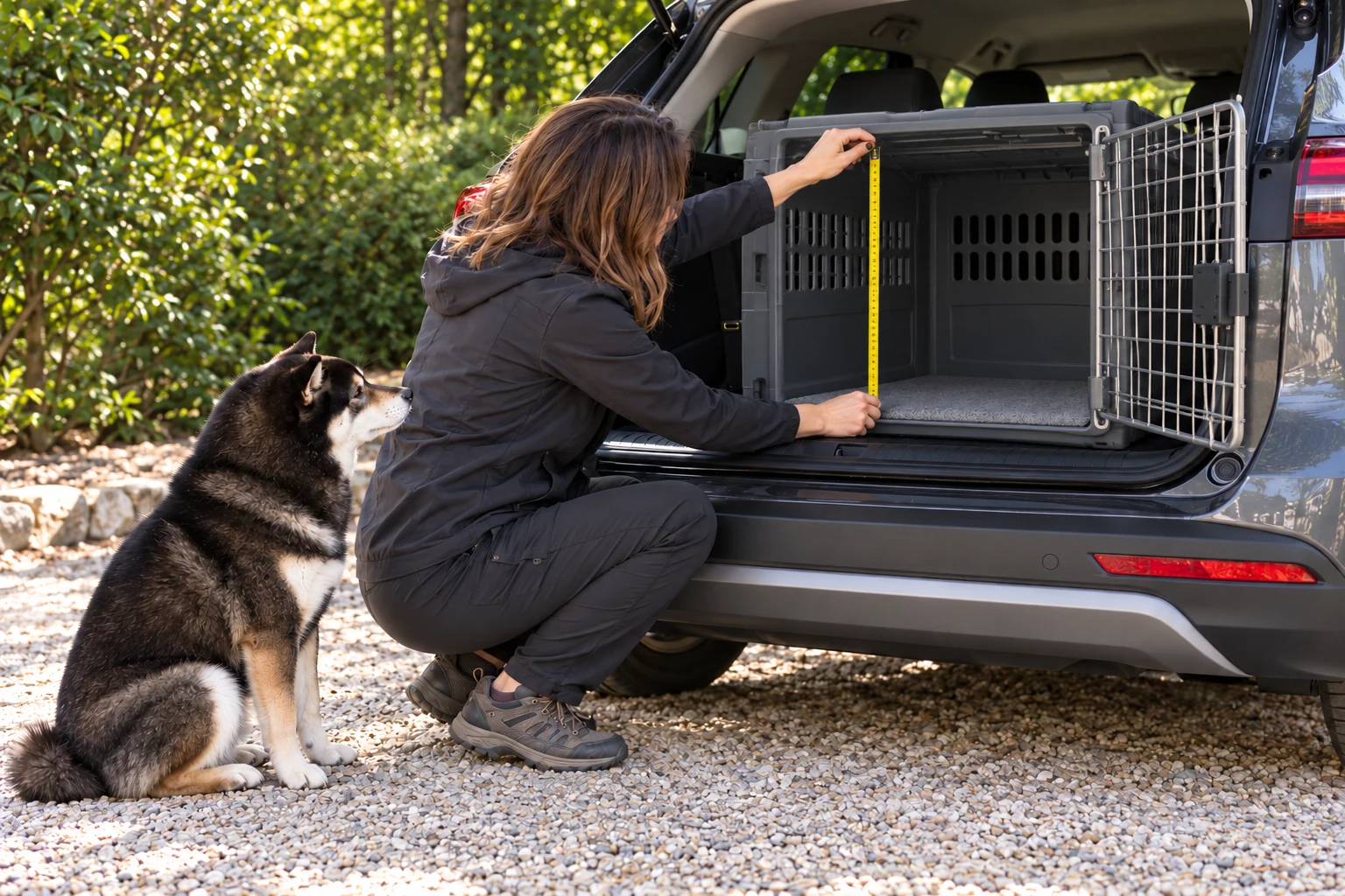 Illustrative parked preparation scene with a handler measuring internal crate height above a thin mat while Mr. Smoky remains outside the vehicle