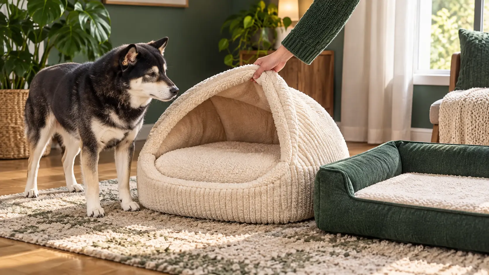 Illustrative Mr. Smoky examining an open cave-bed entrance beside an ordinary open bed