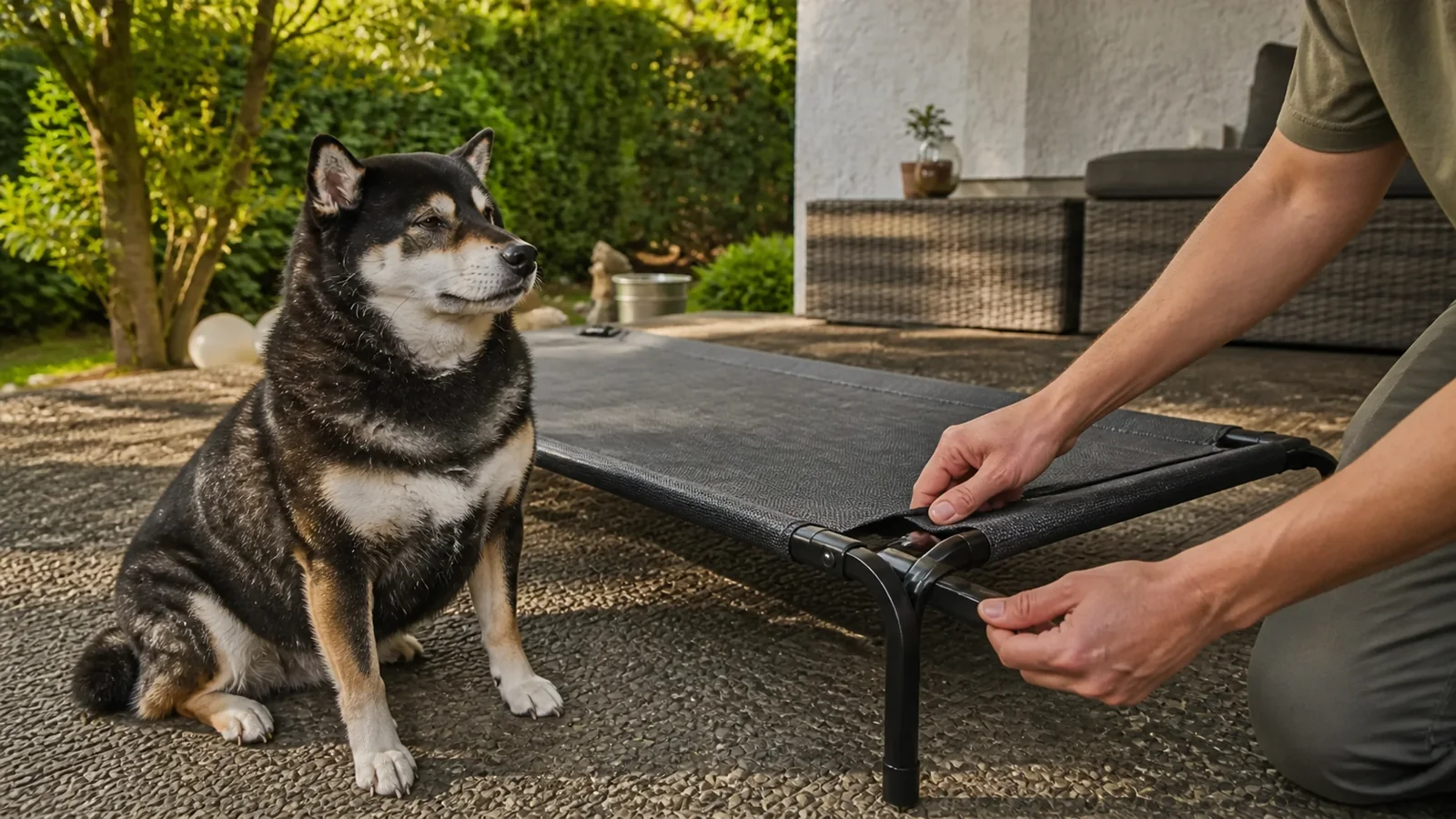 Illustrative scene of Mr. Smoky beside an elevated dog cot while its fabric edge and frame hardware are inspected