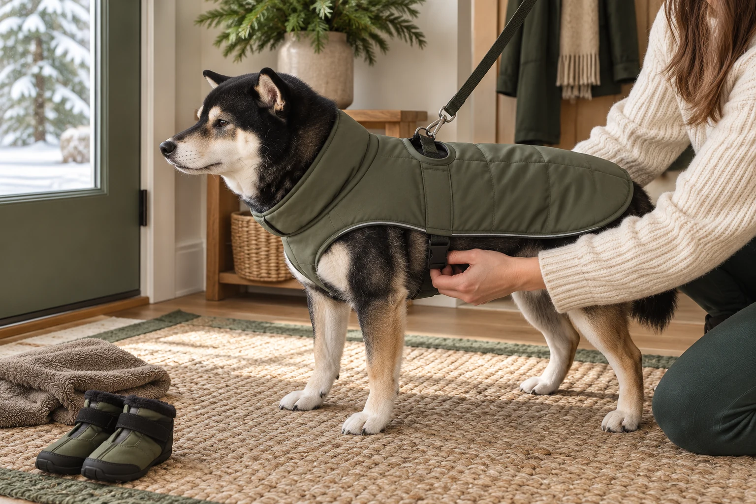 Illustrative check of a winter coat strap and harness access on Mr. Smoky in a home entryway
