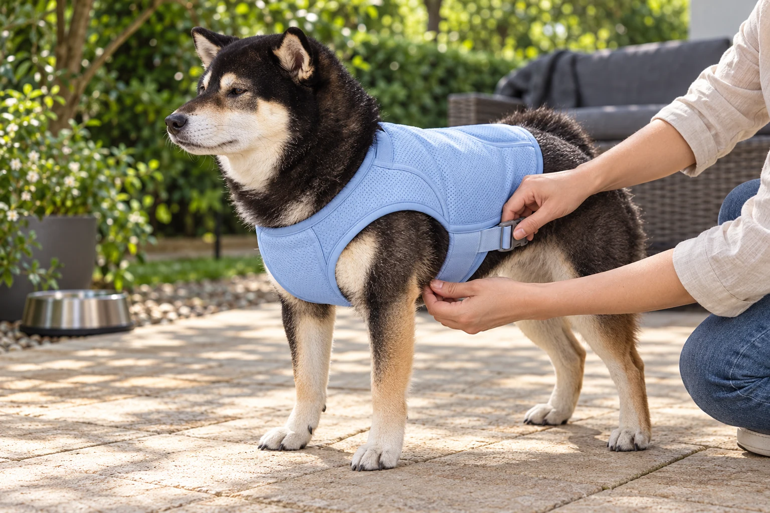 Illustrative Mr. Smoky standing while a handler checks the cooling vest side buckle and clearance behind the front leg