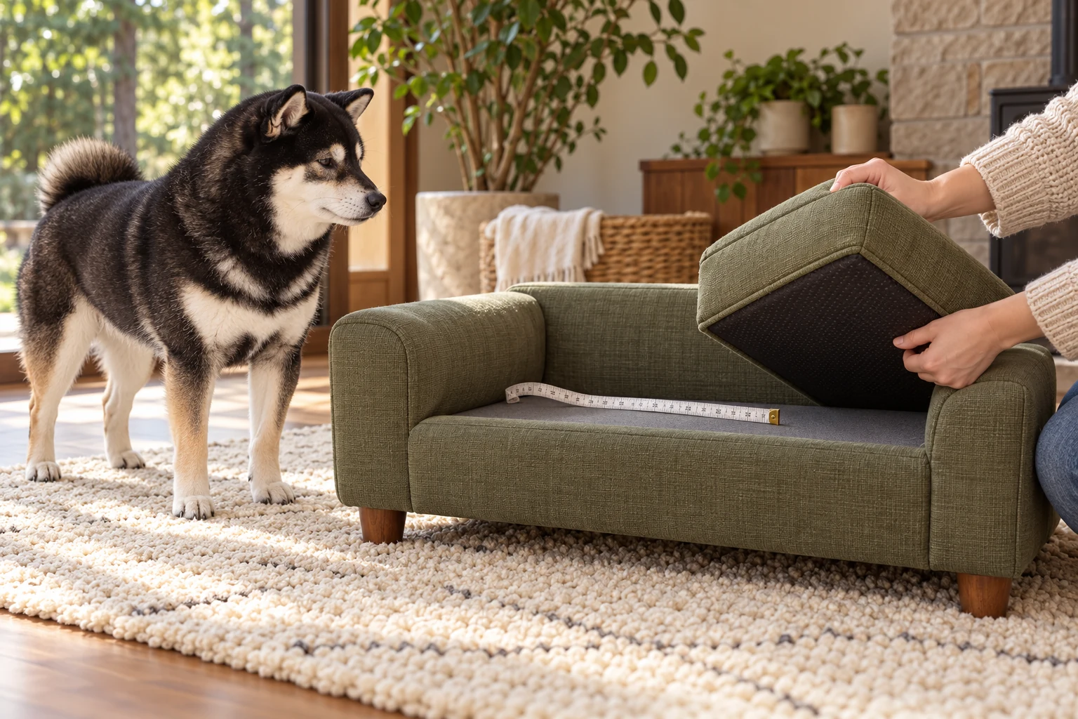 Illustrative inspection of a removable sofa cushion and inside seat area while Mr. Smoky stands beside the frame