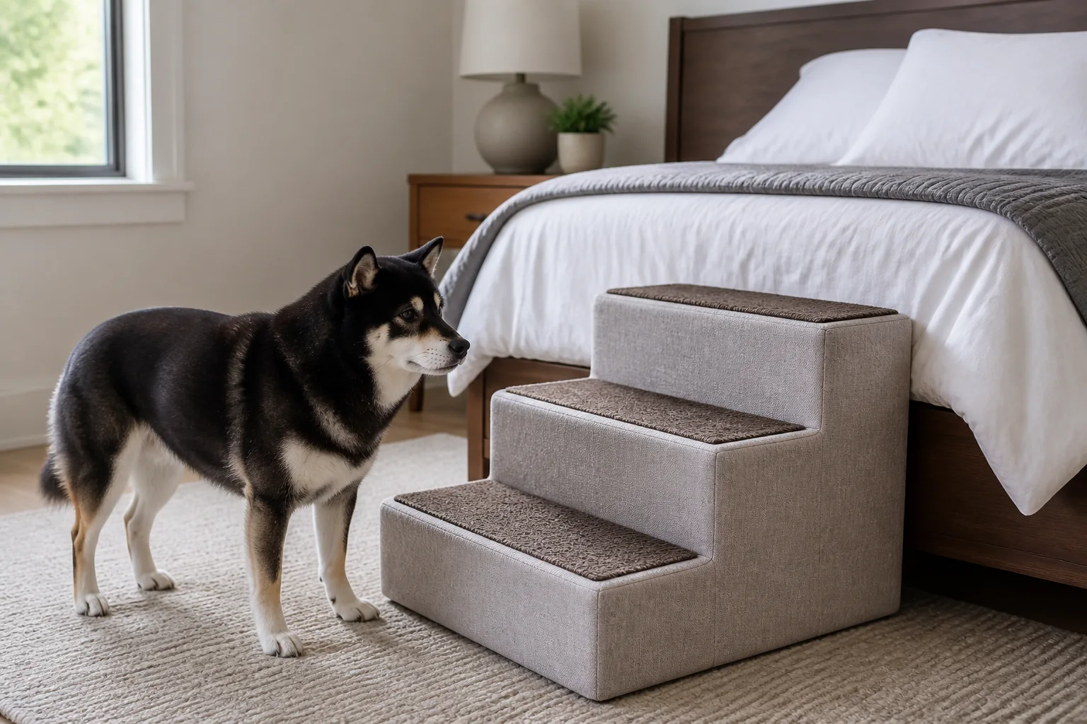 Illustrative scene of Mr. Smoky beside stable pet steps positioned flush with a high bed