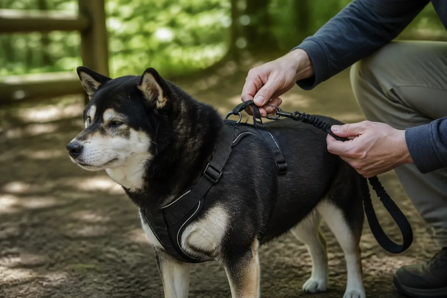 Illustrative close view of Mr. Smoky's hiking harness and fixed-leash connection being checked at a trailhead