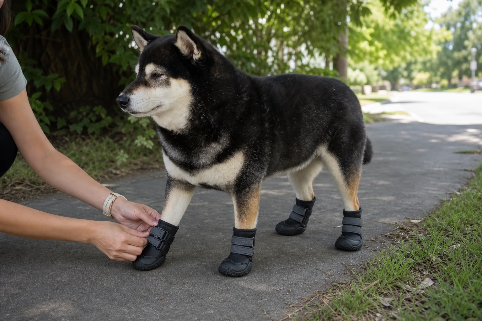 Illustrative scene of Mr. Smoky standing in shade while the fit of four protective dog boots is checked