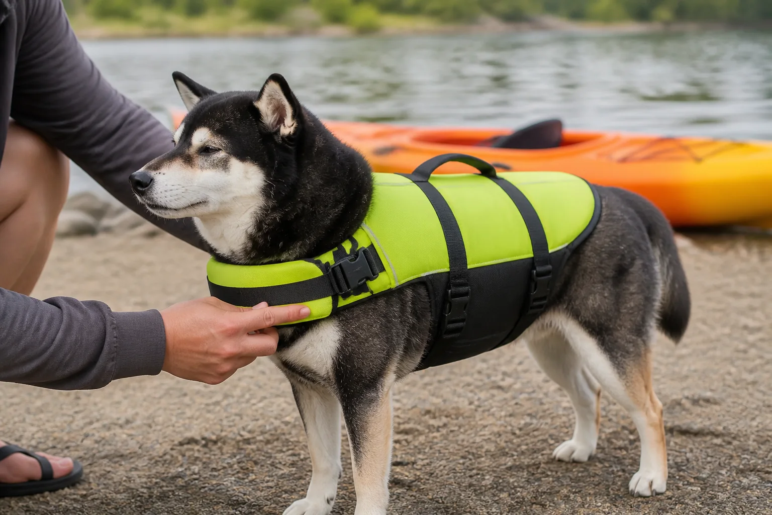Illustrative scene of Mr. Smoky's dog life jacket being checked on land beside a kayak