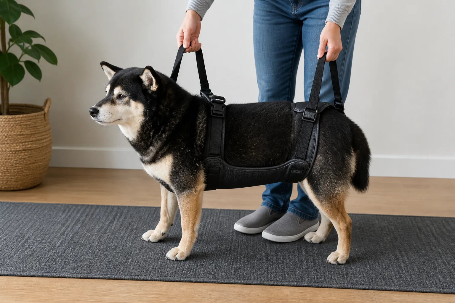 Illustrative neutral fitting demonstration of a full-body support harness on Mr. Smoky over non-slip flooring
