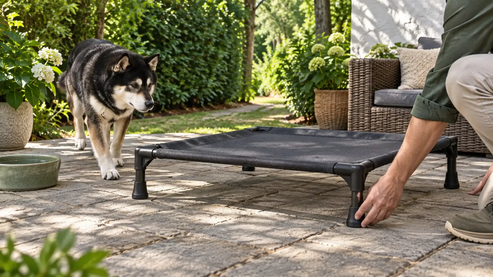 Illustrative Mr. Smoky approaching a cot while a person checks one frame foot on a shaded patio