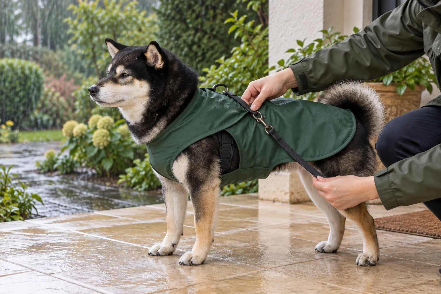 Illustrative Mr. Smoky while a handler checks a raincoat over a harness and inspects the side and belly clearance