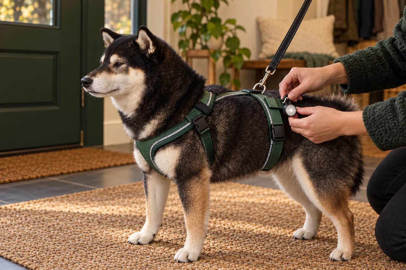 Illustrative indoor check of a small safety light mounted separately from the leash connection on Mr. Smoky's harness