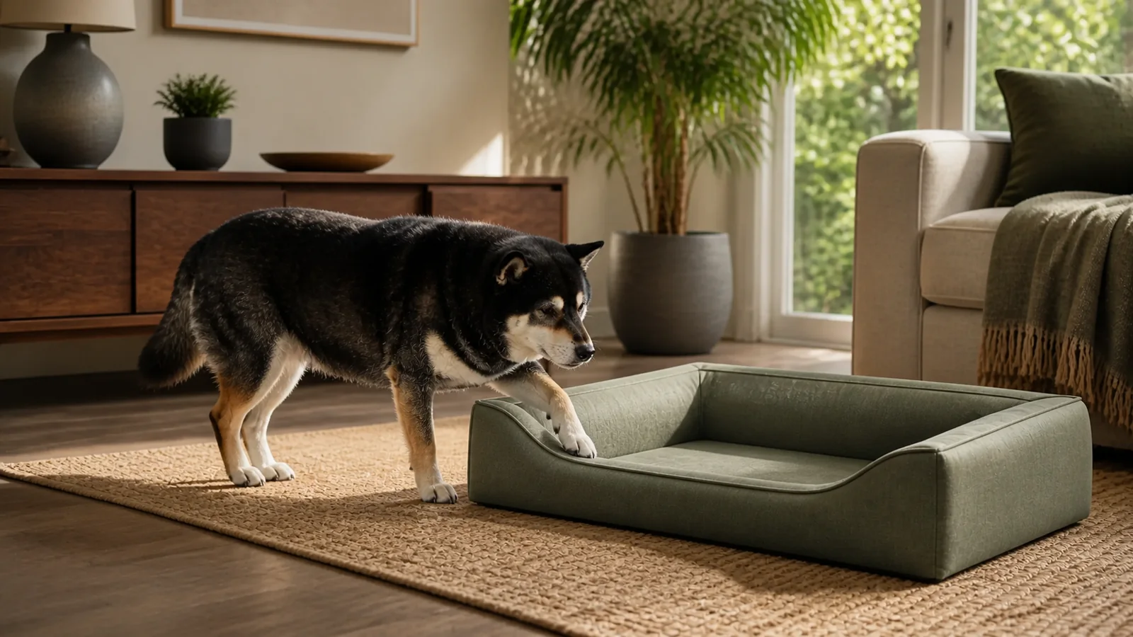 Illustrative scene of Mr. Smoky approaching a low-entry sage dog bed along a clear non-slip runner