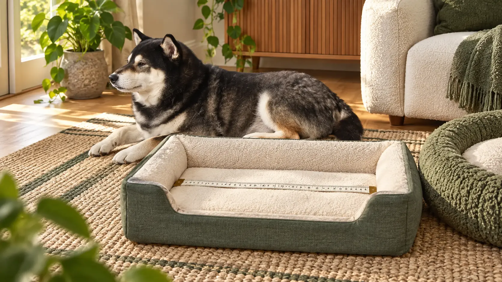 Illustrative Mr. Smoky beside a small rectangular bed while the clear inner sleeping area is measured