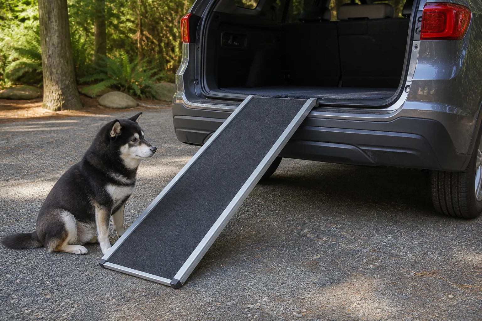 Illustrative scene of Mr. Smoky waiting beside a dog ramp fitted to an open SUV cargo area
