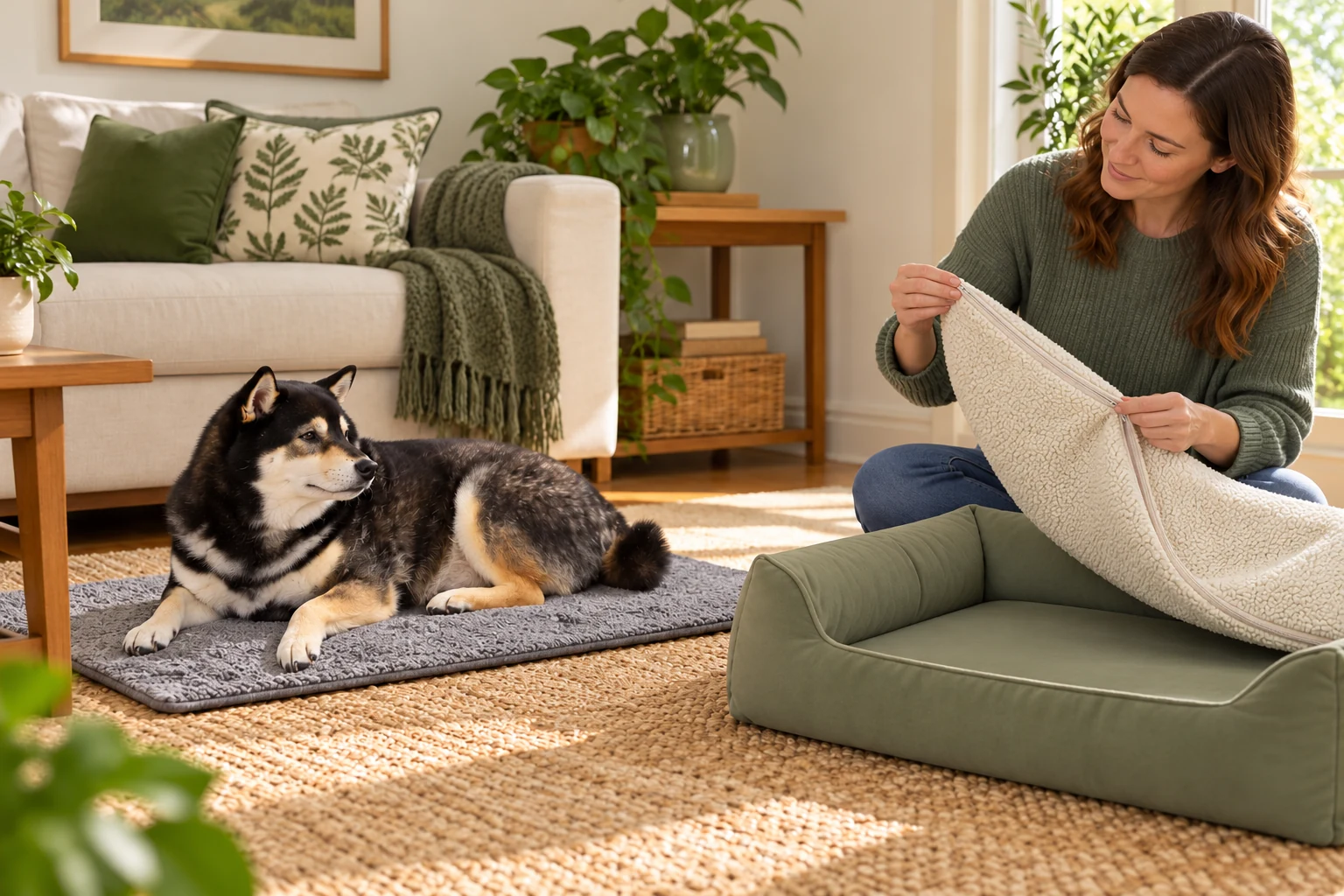Illustrative Mr. Smoky resting on a separate mat while a handler checks the removable textile cover of an empty pet bed