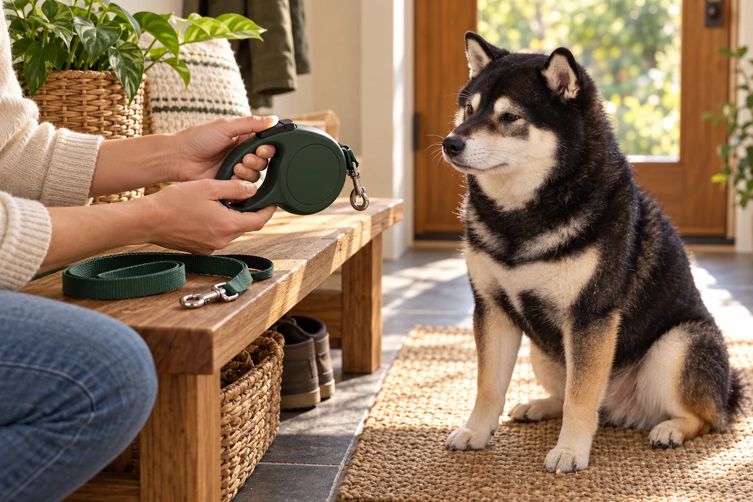 Illustrative Mr. Smoky beside an adult inspecting an unconnected retractable leash and an ordinary fixed leash