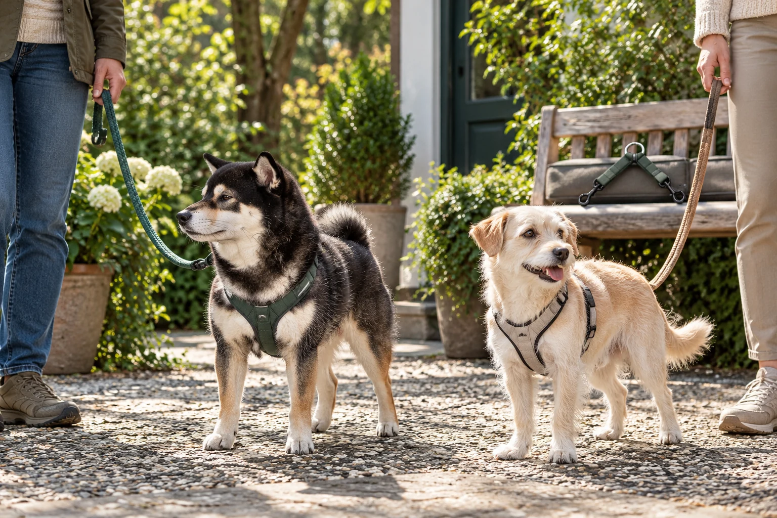 Illustrative Mr. Smoky and a smaller adult dog with two handlers and separate loose leashes