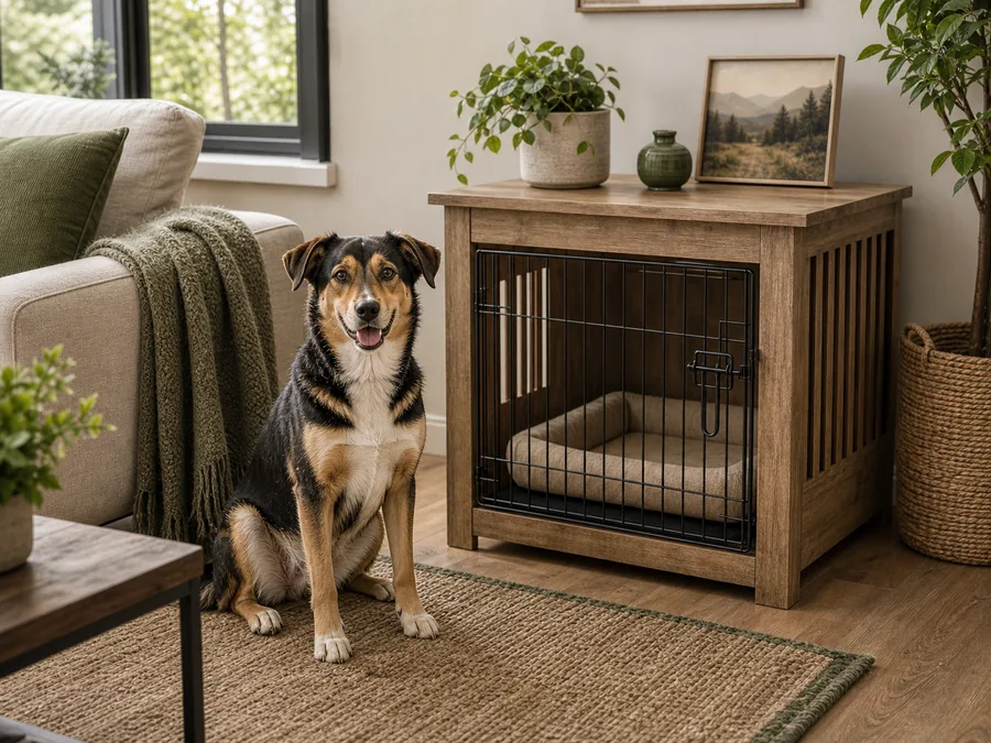 Dog sitting beside a furniture-style wooden crate in a warm living room