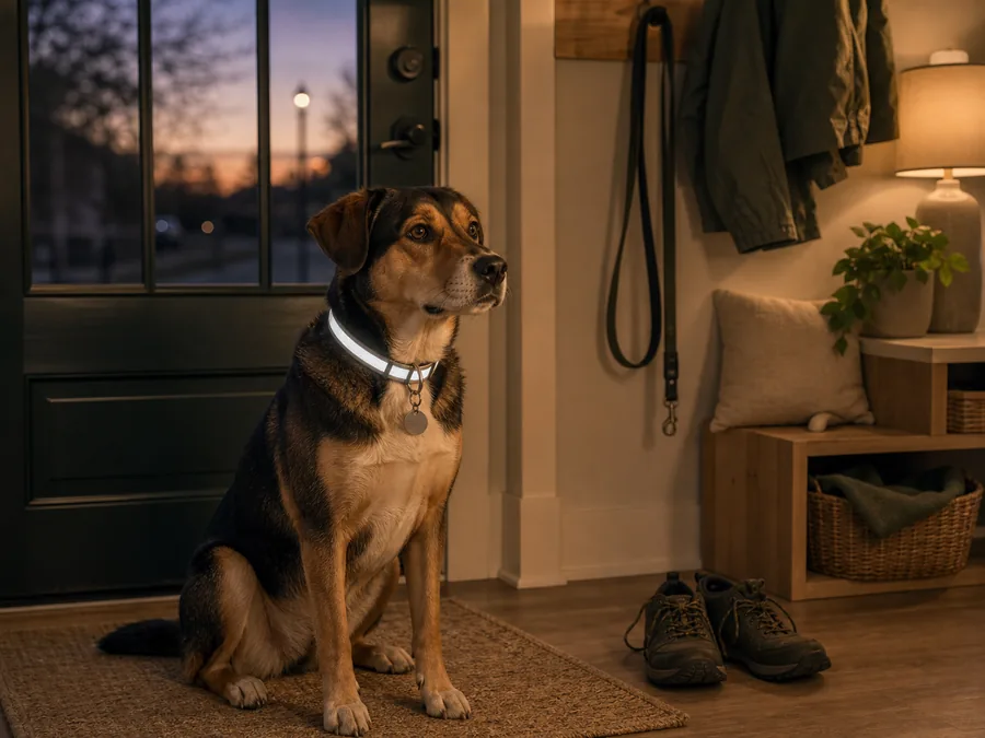 Dog wearing a reflective collar in a warm entryway at dusk