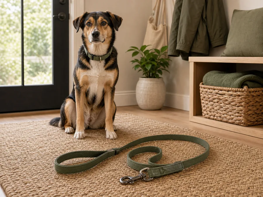 Dog sitting near a simple six-foot leash in a warm home entryway