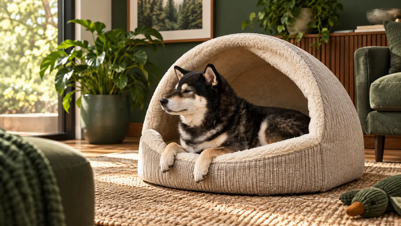 Illustrative Mr. Smoky resting near the open entrance of a hooded cave dog bed