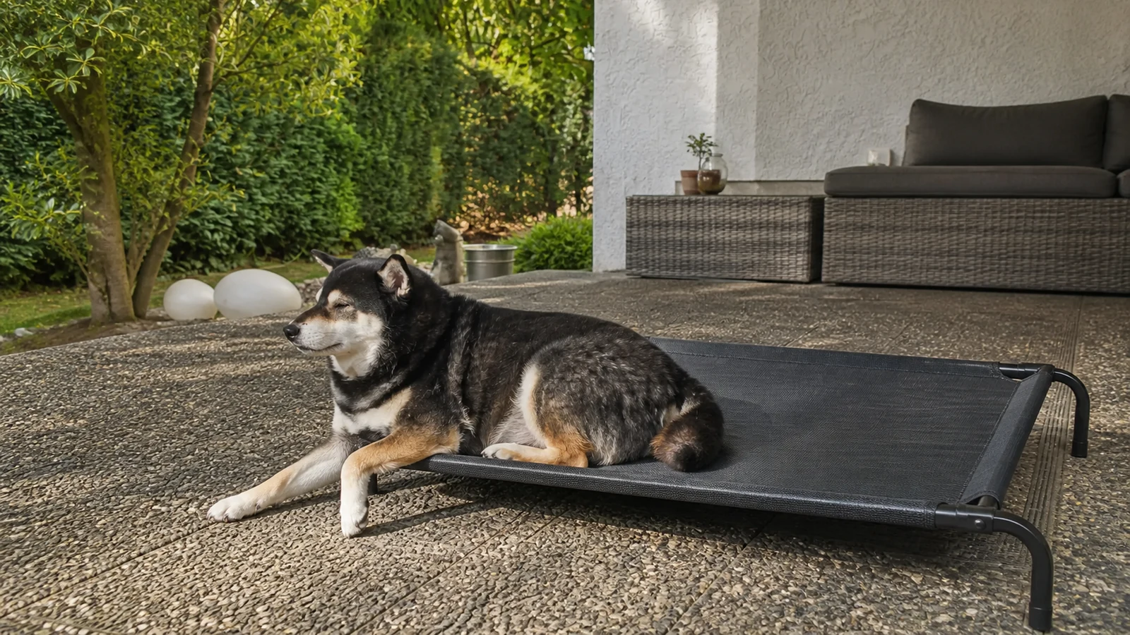 Mr. Smoky resting calmly on a low elevated chew-resistant dog bed
