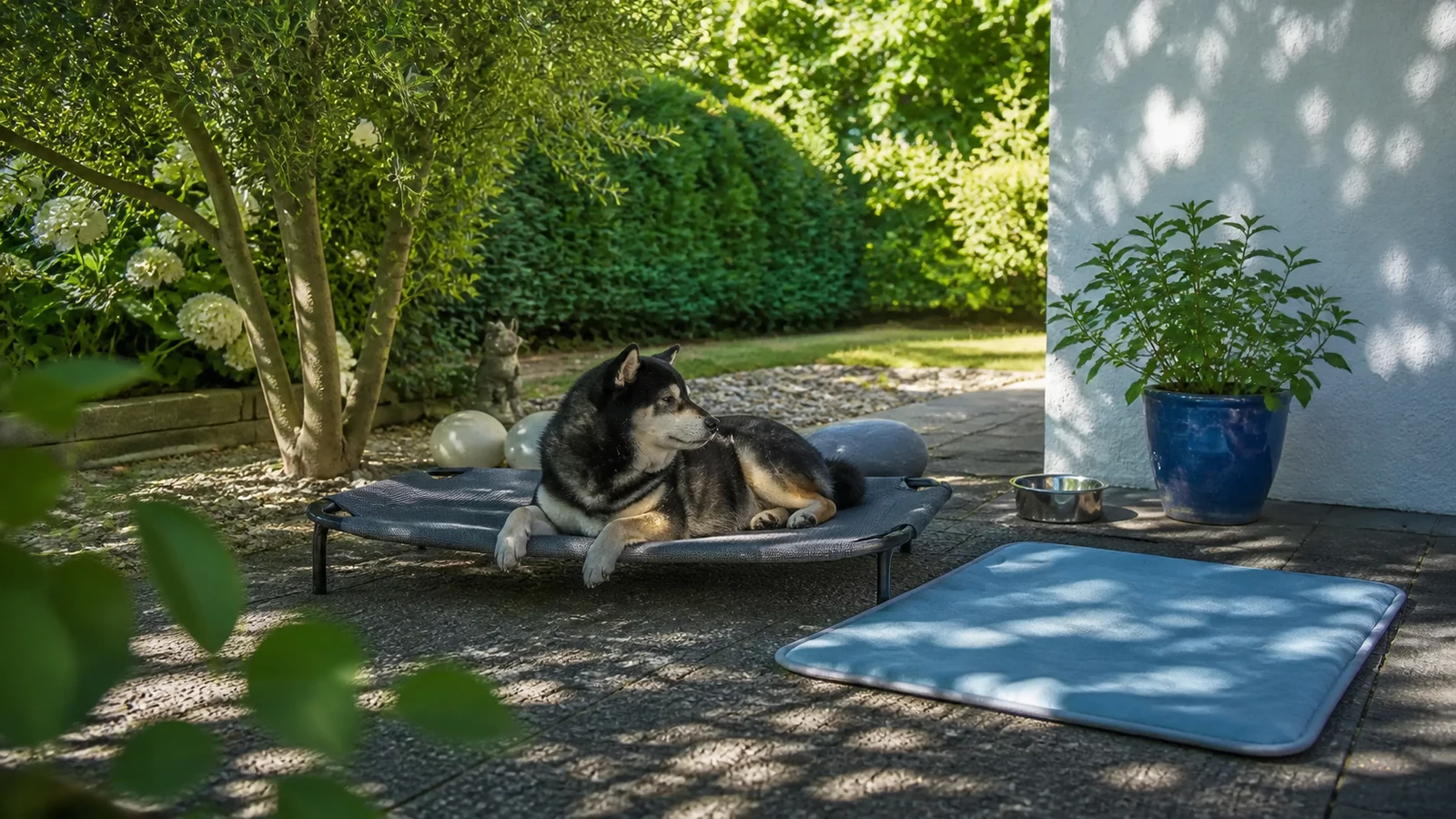 Mr. Smoky relaxing in shade beside an elevated cot, cooling mat, and water