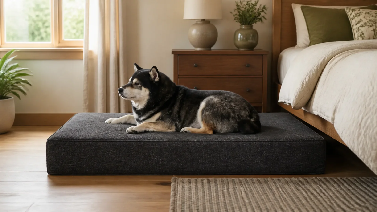Illustrative scene of Mr. Smoky resting on a spacious rectangular dog bed