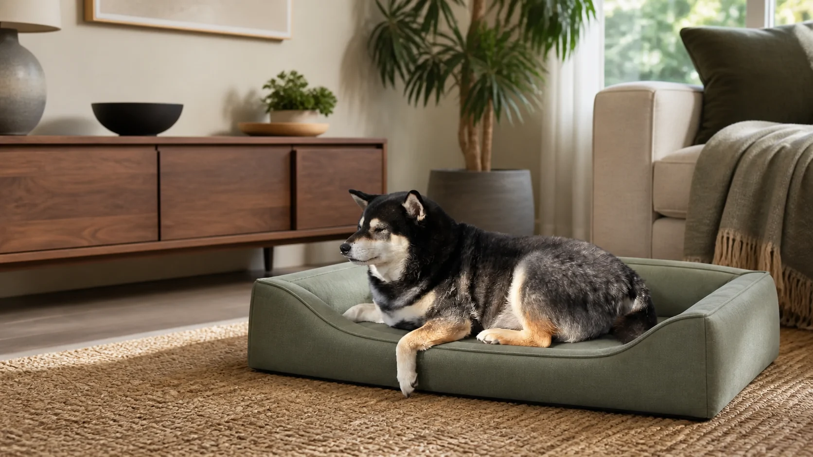Mr. Smoky resting comfortably in a supportive low-entry sage dog bed
