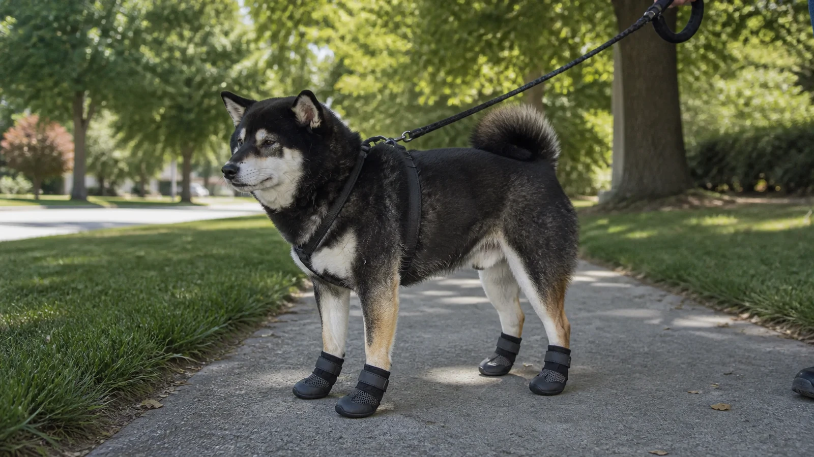 Mr. Smoky wearing four fitted dog boots on a shaded summer sidewalk