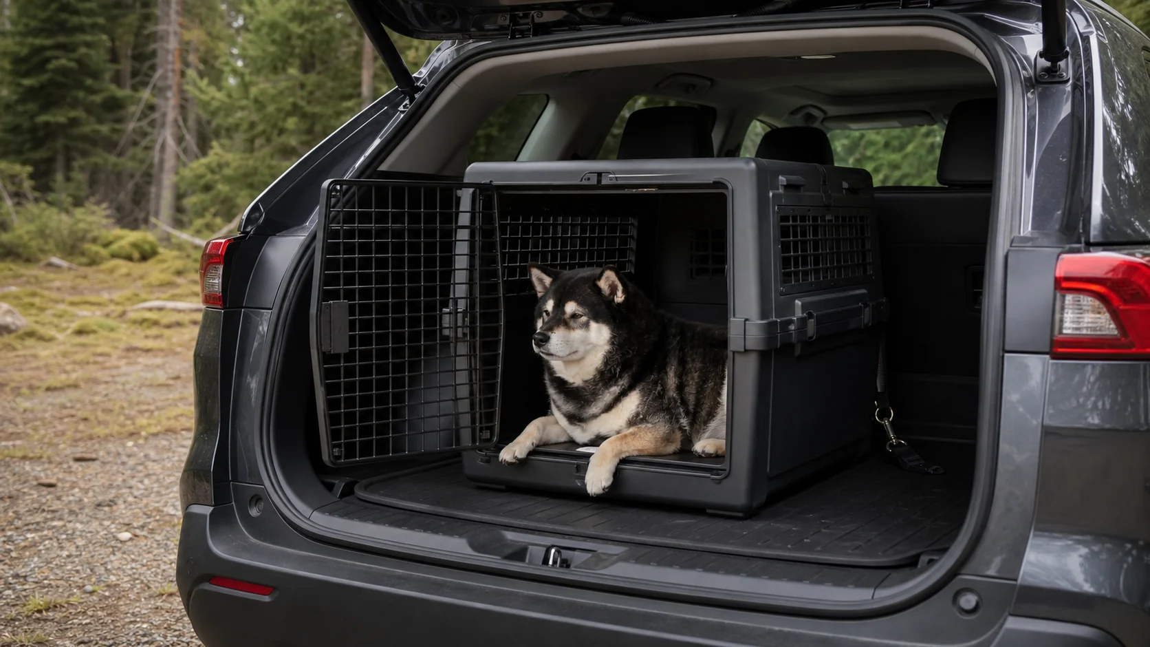 Mr. Smoky calmly resting in a hard-sided travel crate fitted inside an SUV