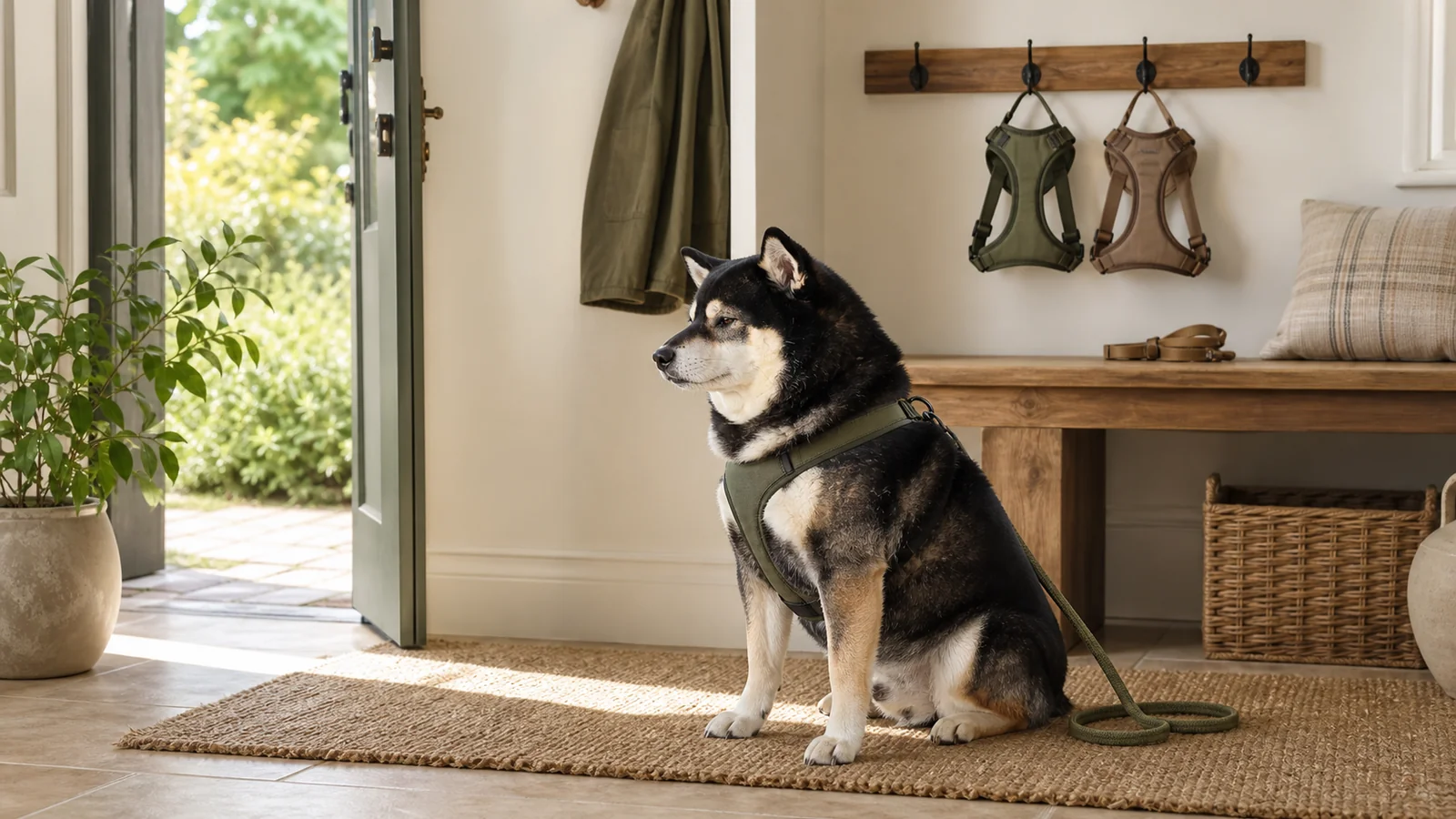 Illustrative scene of Mr. Smoky wearing an olive harness in a home entryway