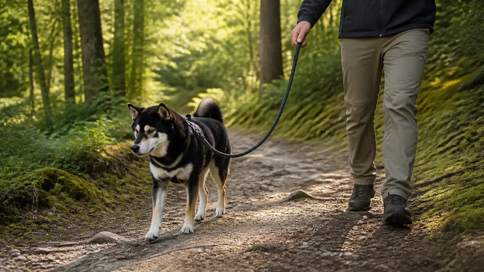 Mr. Smoky hiking on a fixed rope leash and fitted harness on a wooded trail