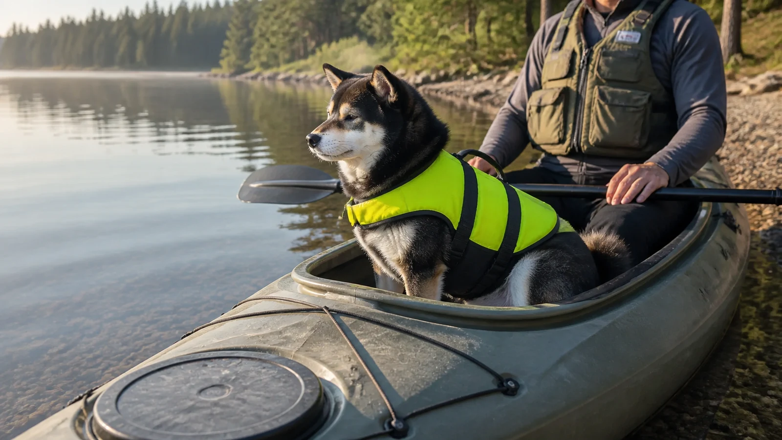 Mr. Smoky wearing a high-visibility dog life jacket in a kayak near shore