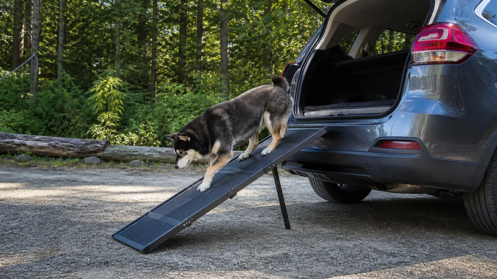 Mr. Smoky walking down a stable dog ramp from the cargo area of an SUV