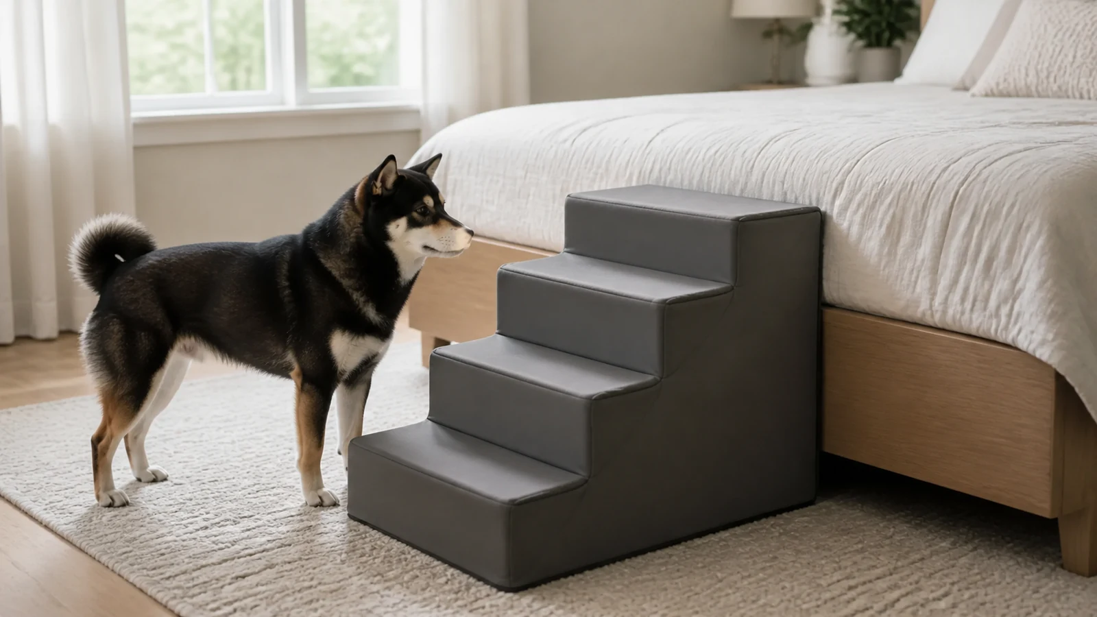 Mr. Smoky beside four broad dog steps aligned with a high bed