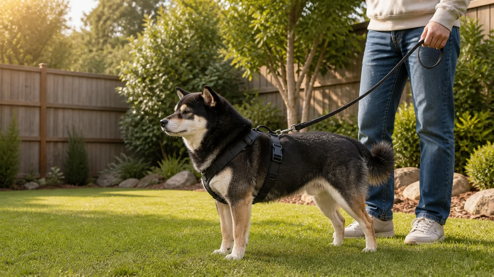 Mr. Smoky wearing a secure three-strap harness in a fenced garden
