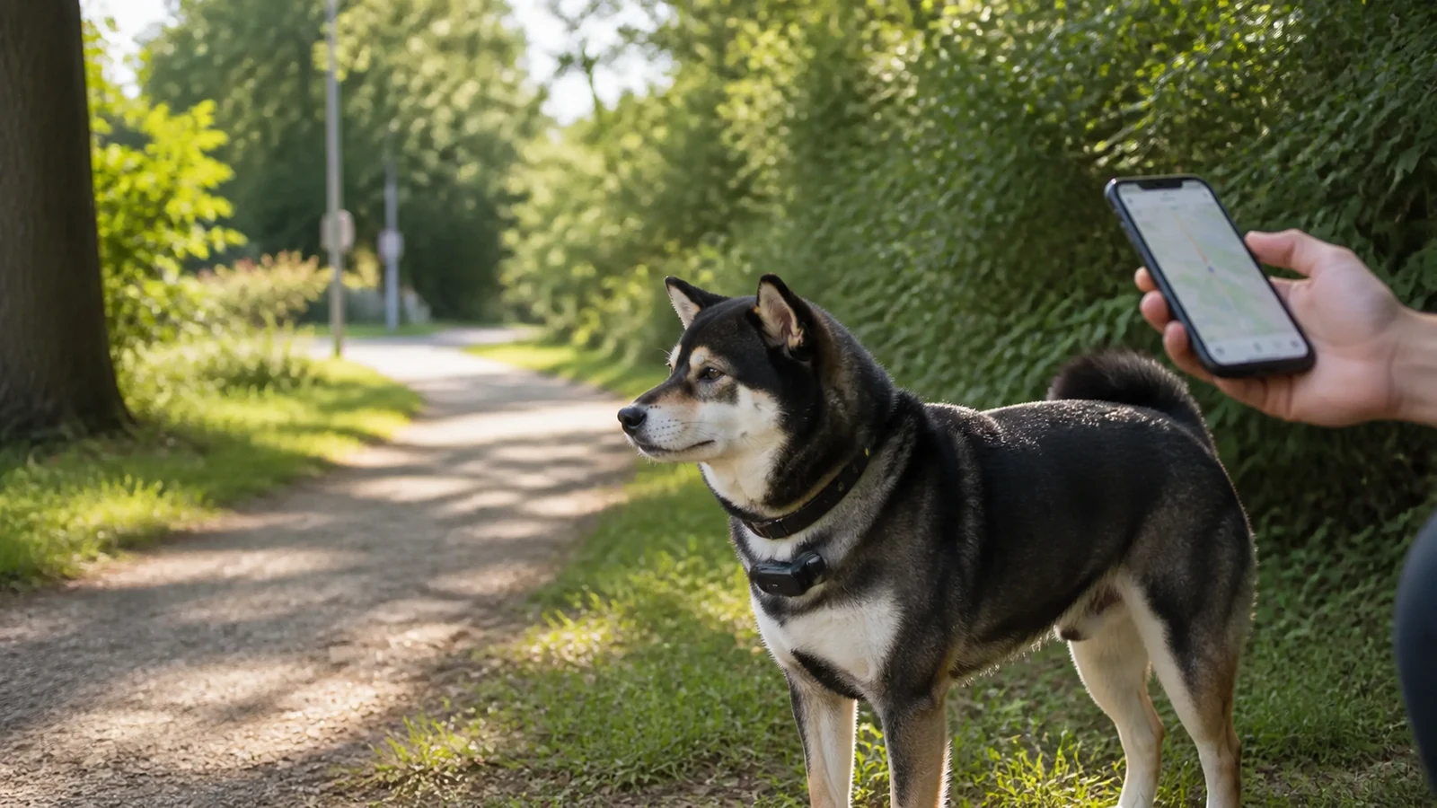 Mr. Smoky wearing a collar tracker beside a handler checking a map