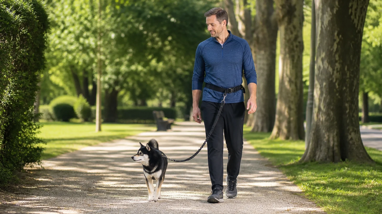Mr. Smoky walking calmly beside a handler using a hands-free waist leash
