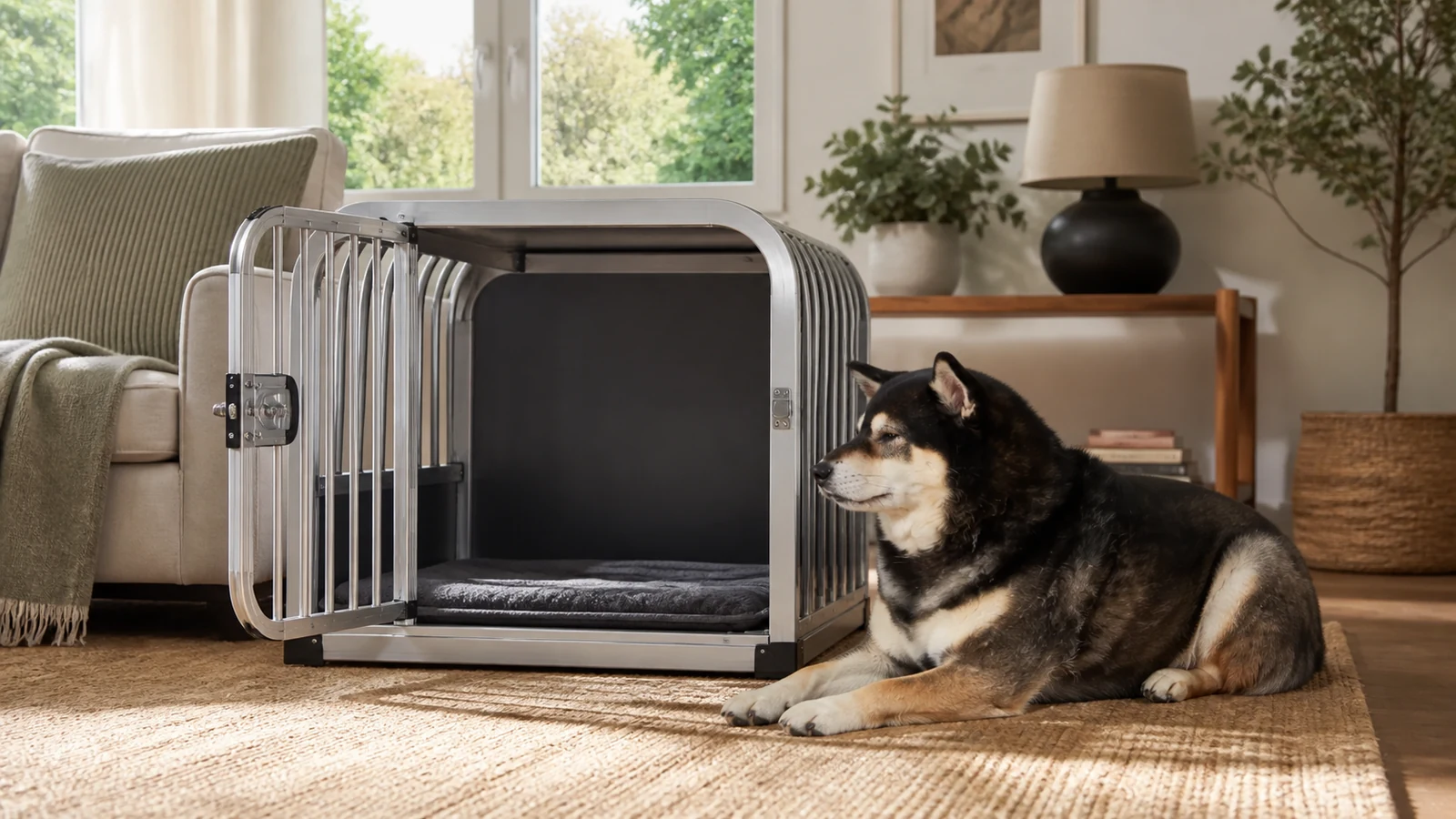 Mr. Smoky resting calmly beside an open heavy-duty home dog crate
