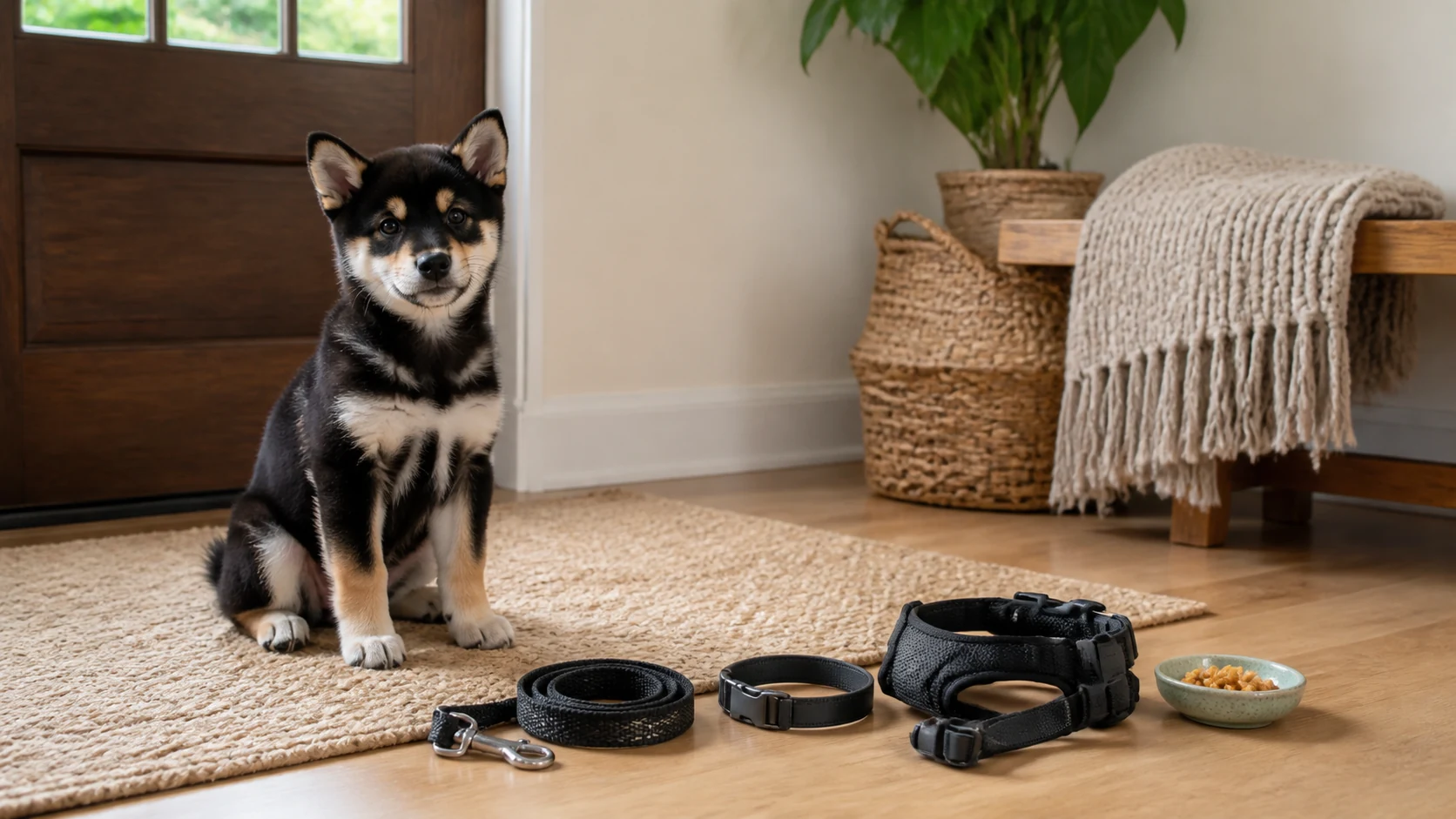 Black and tan Shiba Inu puppy beside a lightweight leash, collar, harness, and training treats in a warm entryway.