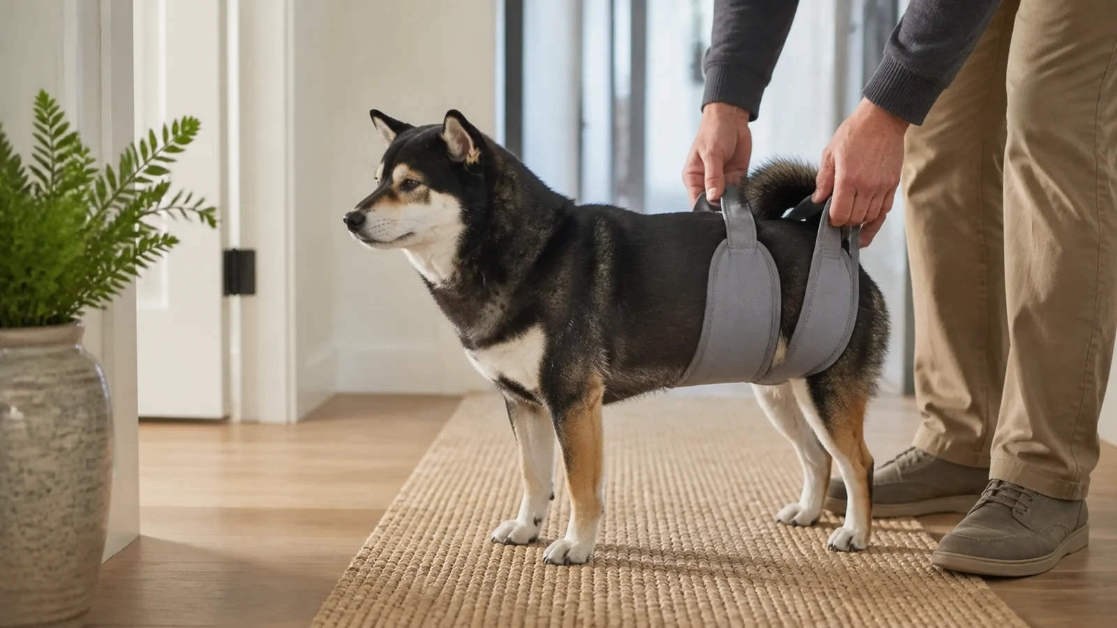 Mr. Smoky standing on a non-slip rug with gentle rear support from a padded mobility sling