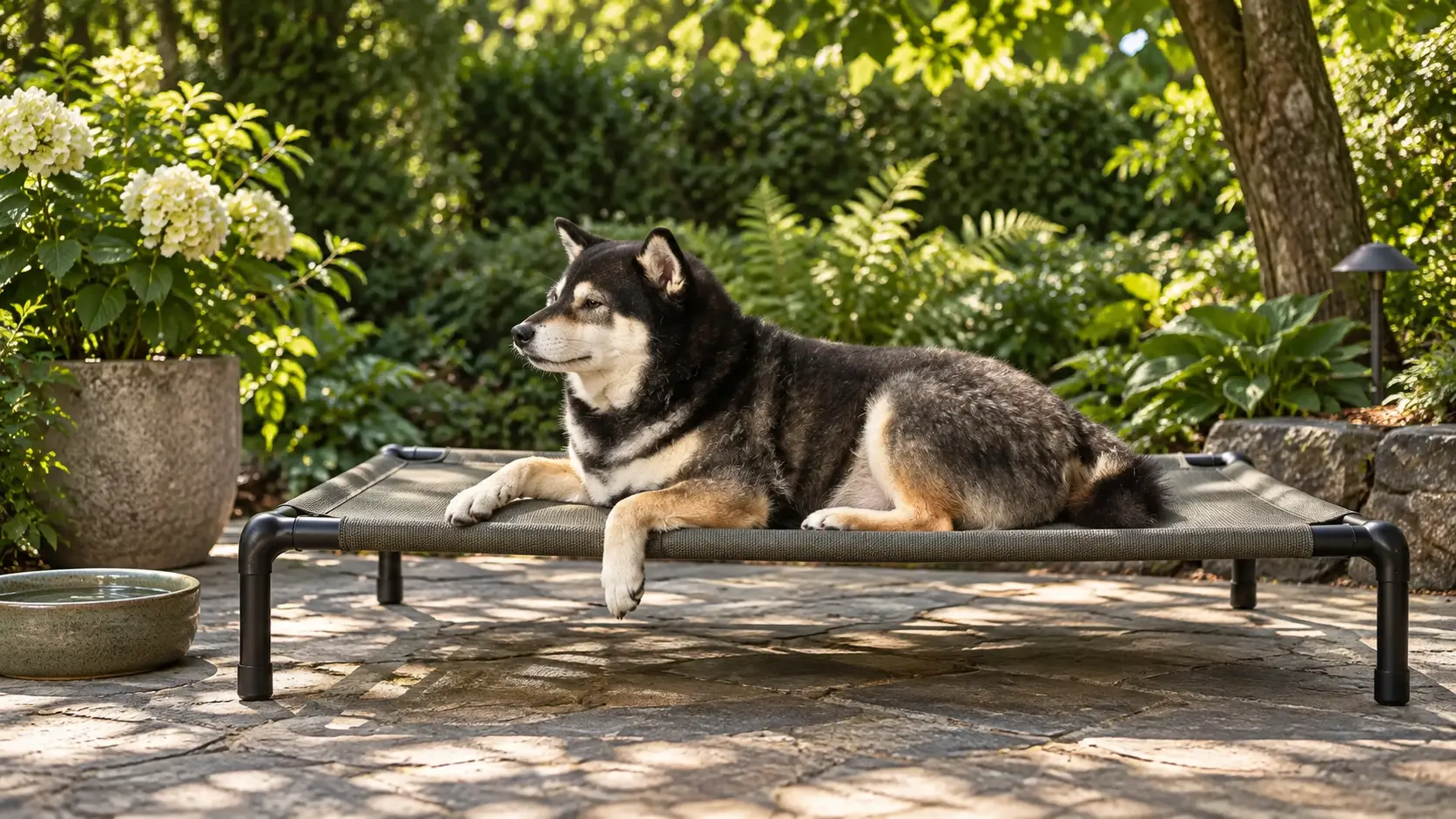 Illustrative Mr. Smoky resting on an elevated mesh cot on a shaded patio with water nearby