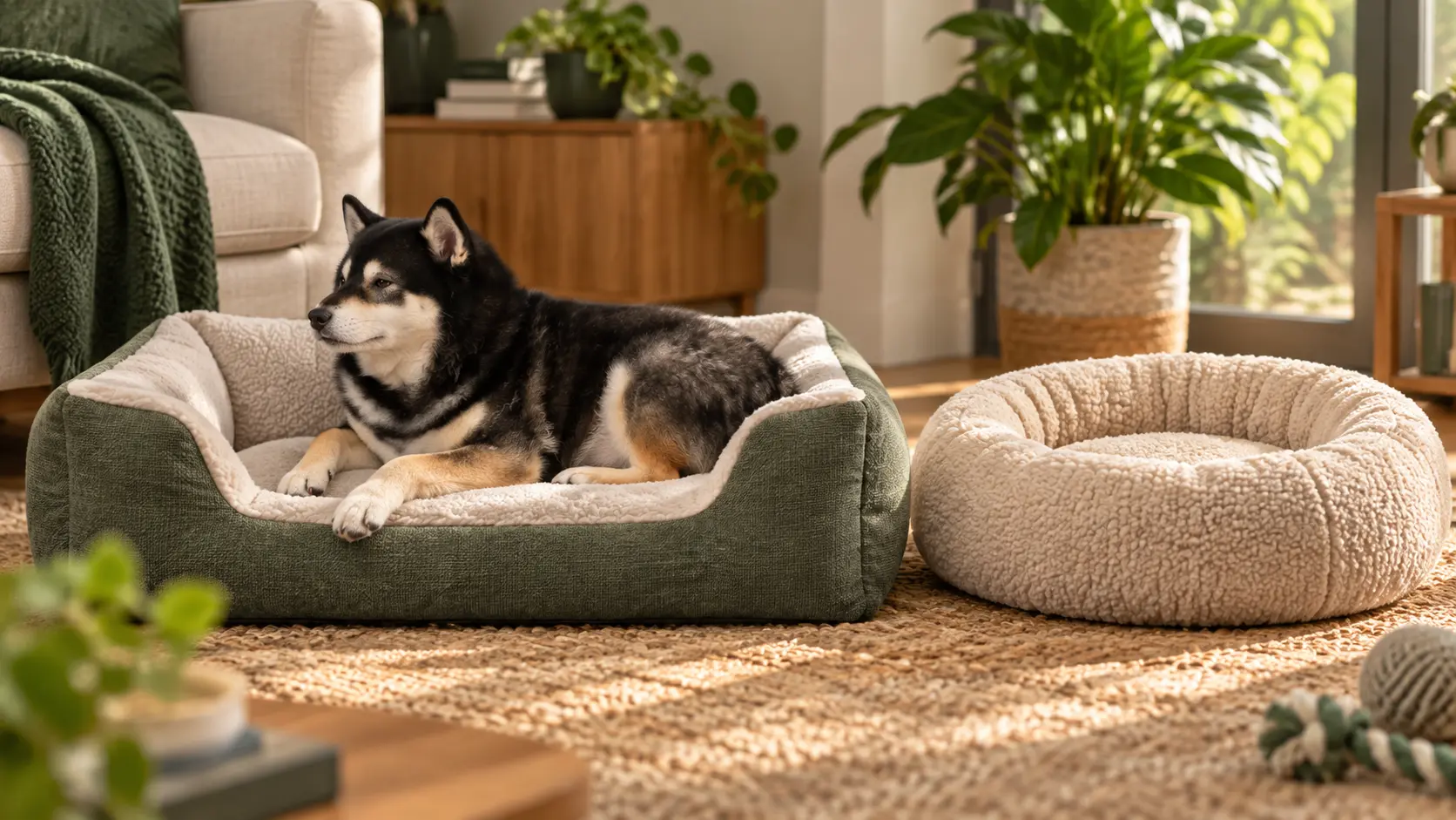 Illustrative Mr. Smoky on a low-entry small-dog bed beside a round nest bed