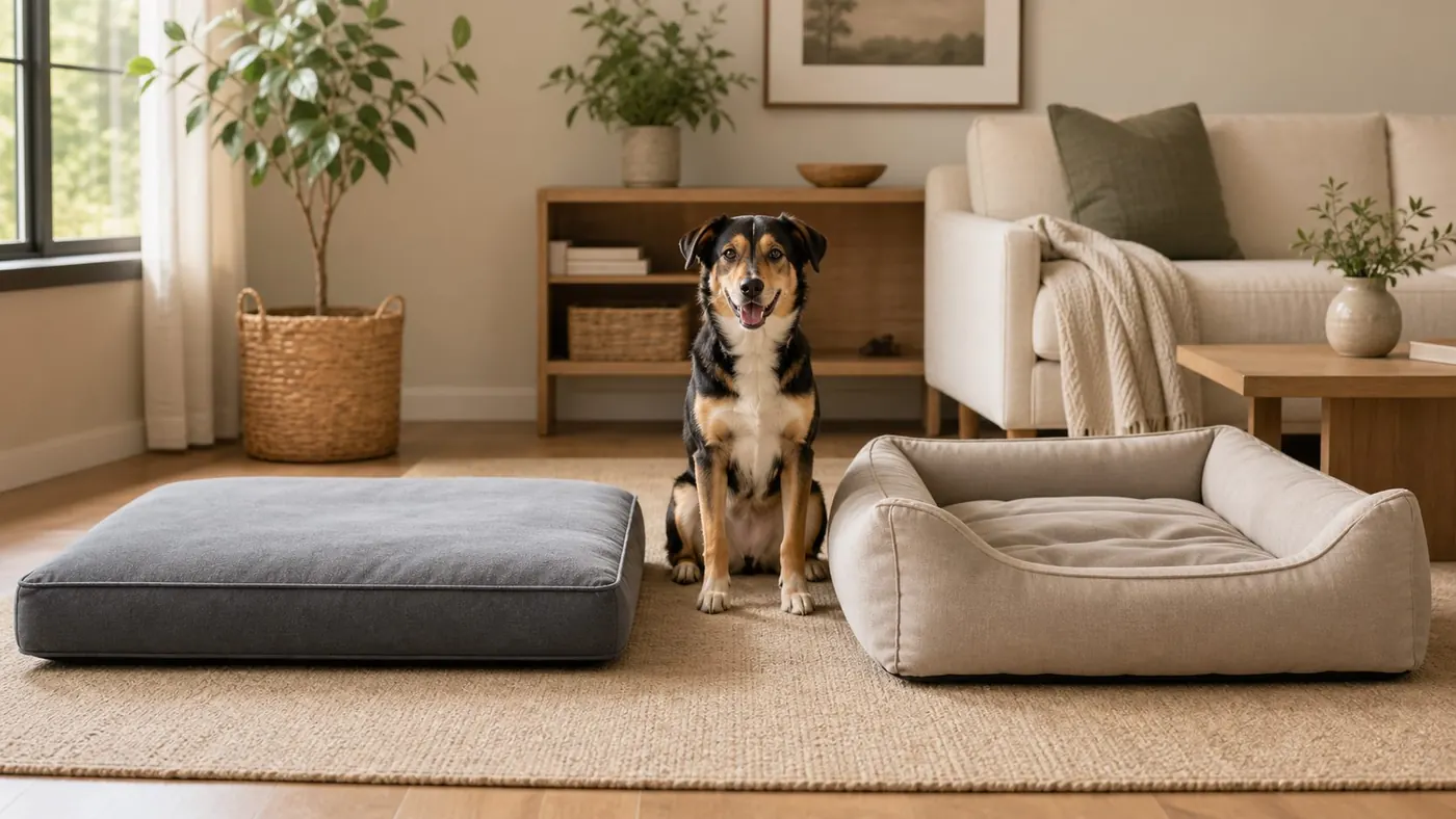 Dog stretching on a flat bed in a warm living room