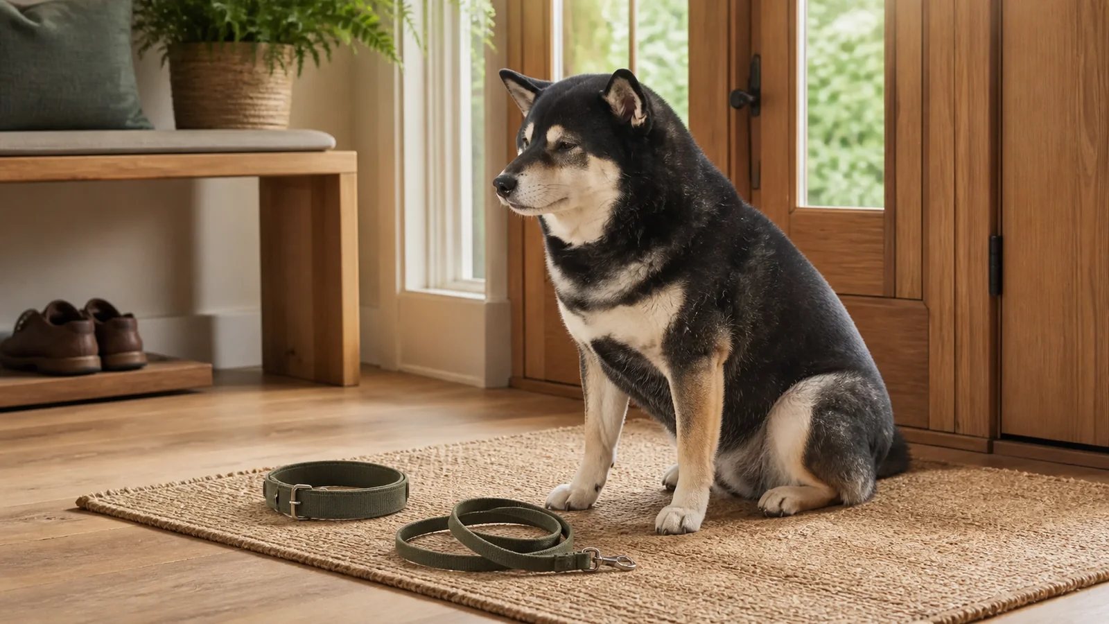 Illustrative scene of Mr. Smoky beside an everyday collar and leash in an entryway