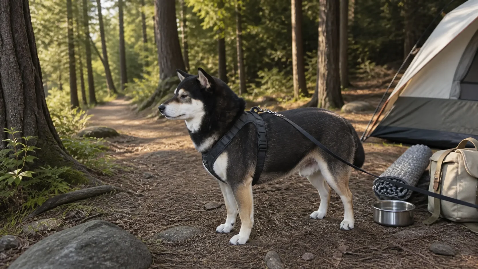 Mr. Smoky wearing a fitted hiking harness beside organized camping gear